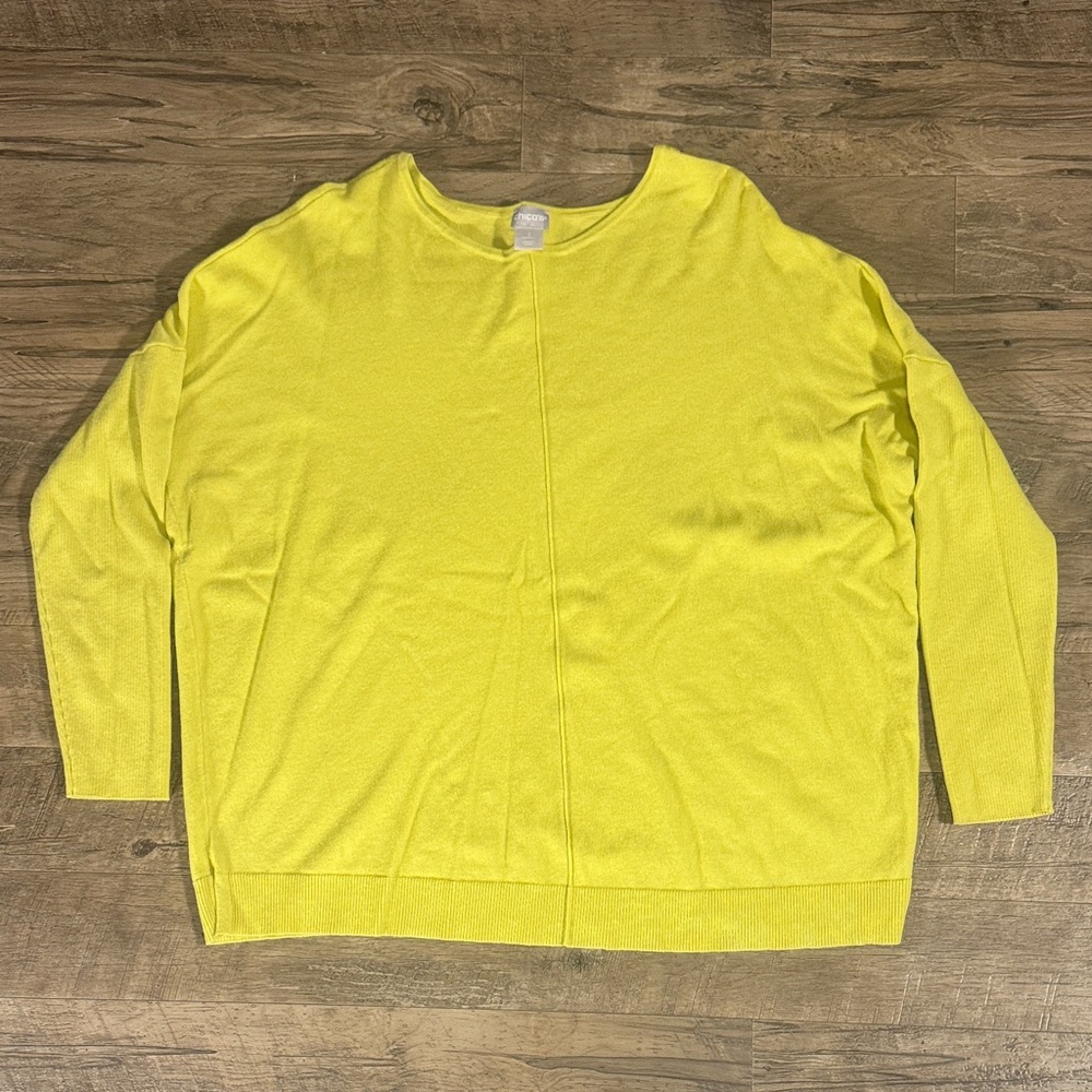 Chico's Sunny Yellow/Green Crew Neck Sweater - Size 2 (L)